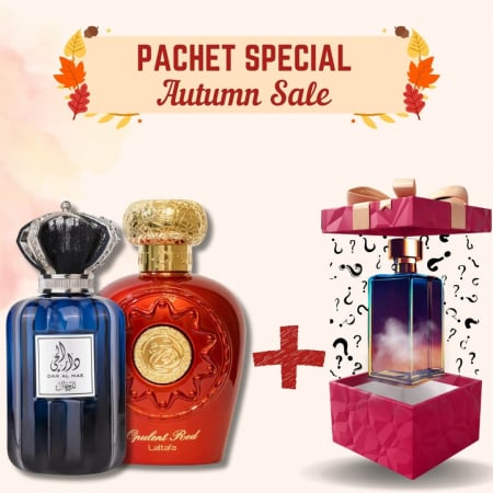 Pachete Speciale - Parfum Surpriză - Pachet Dar Al Hae Men + Opulent Red + Parfum Surpriză, 3x100ml – parfumuri orientale pentru cuplu, cu citrice, rom și vanilie.