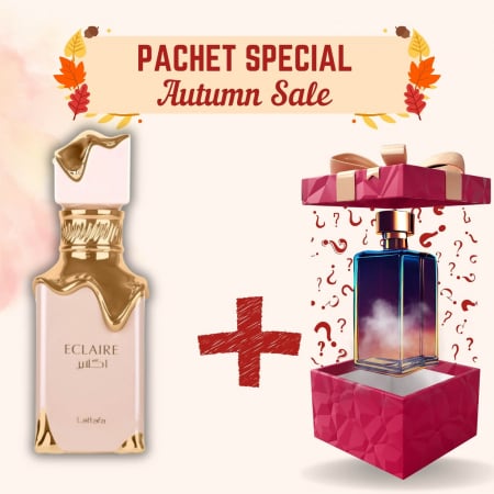Pachete Speciale - Parfum Surpriză - Pachet Eclaire de la Lattafa + Parfum Surpriză, 2x100ml – parfumuri arabești dulci și exotice, cu caramel, vanilie și note florale.