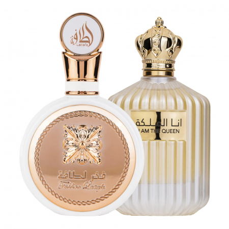 Seturi parfumuri arăbești - Setul Fakhar Woman + I Am The Queen de la Lattafa conține două parfumuri arabesti pentru femei de 100ml fiecare, cu vanilie, flori și mosc, elegante și persistente.