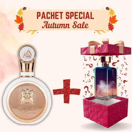 Pachete Speciale - Parfum Surpriză - Pachet Fakhar Woman de la Lattafa + Parfum Surpriză, 2x100ml – parfumuri arabești florale cu trandafir, vanilie și mosc alb – elegante și persistente.