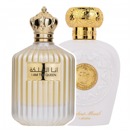 Seturi parfumuri arăbești - Set I Am The Queen + Opulent Musk de la Lattafa include două parfumuri pentru femei, 100ml, cu note florale, mosc și vanilie, intense și rafinate.