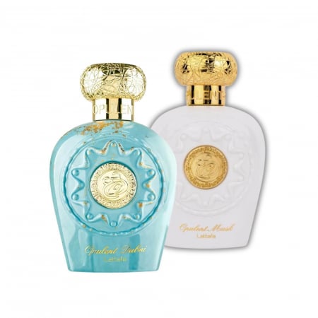Seturi parfumuri arăbești - Set Opulent Dubai + Opulent Musk de la Lattafa, 2x100ml – parfumuri arabești unisex și damă, cu note de oud, mosc alb și flori – elegante și echilibrate.