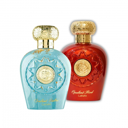 Seturi parfumuri arăbești - Pachet Opulent Dubai + Opulent Red de la Lattafa, 2x100ml – parfumuri arabești intense, cu bergamotă, șofran, vanilie și tonka – elegante și rafinate.