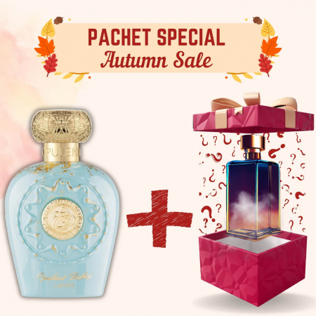 Pachete Speciale - Parfum Surpriză - Pachet Opulent Dubai de la Lattafa + Parfum Surpriză, 2x100ml – parfumuri unisex cu bergamotă, șofran, oud și vanilie – sofisticate și persistente.