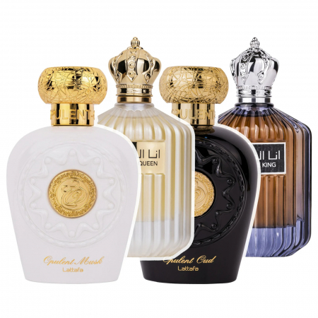 Seturi parfumuri arăbești - Set Lattafa cu Opulent Musk, I Am The Queen, Opulent Oud și I Am The King – 4 parfumuri de 100ml cu mosc, oud, vanilie și ambroxan. Elegant și persistent.