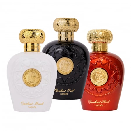 Parfumuri arabesti femei, barbați si unisex - Set Opulent Oud, Musk și Red de la Lattafa – trei parfumuri orientale de 100ml cu note de mosc, oud, flori, vanilie și rășini. Persistente, rafinate și expresive.