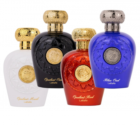 Parfumuri arabesti femei, barbați si unisex - Set Opulent Lattafa – Musk, Oud, Red și Blue în 4 parfumuri de 100ml, cu note de oud, mosc, rom, caramel, piersici și rășini. Persistente, rafinate, orientale.