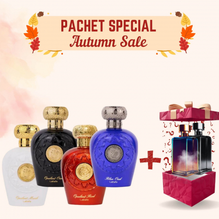 Pachete Speciale - Parfum Surpriză - Pachet Opulent Musk + Oud, Red, Blue Oud + 2x Surpriză, 6x100ml – parfumuri arabești intense, florale, lemnoase și orientale – elegante și persistente.