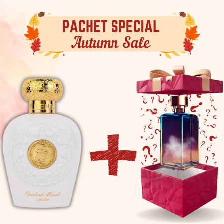 Pachete Speciale - Parfum Surpriză - Opulent Musk de la Lattafa + Parfum Surpriză, 2x100ml – parfumuri florale-orientale cu mosc alb, iasomie și chilimbar – elegante și persistente.