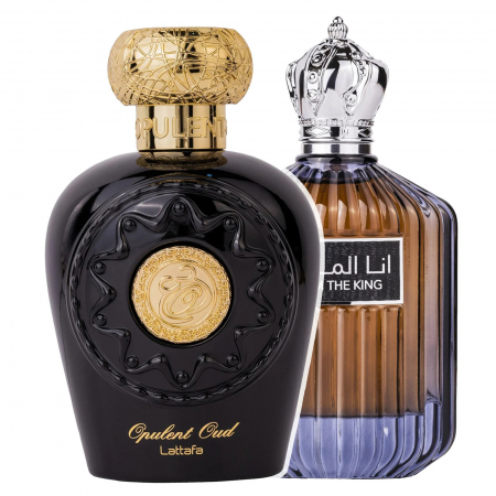 Seturi parfumuri arăbești - Set Opulent Oud + I Am The King de la Lattafa conține două parfumuri orientale, 100ml, cu note de oud, piper, caramel și ambroxan. Masculine, elegante și persistente.