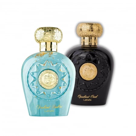 Seturi parfumuri arăbești - Set Opulent Oud + Opulent Dubai de la Lattafa, 2x100ml – parfumuri arabești unisex cu note orientale de șofran, oud și vanilie – rafinate și puternice.