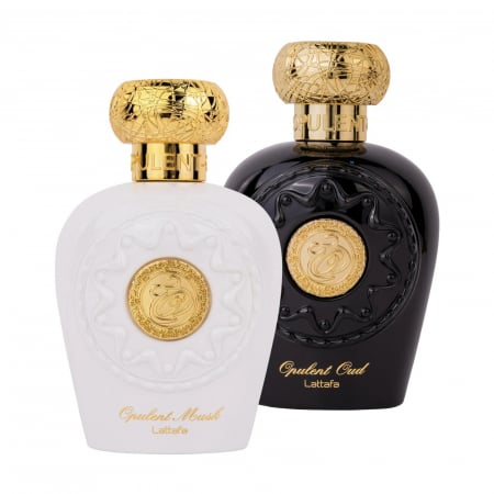 Parfumuri arabesti femei, barbați si unisex - Set Opulent Oud + Opulent Musk de la Lattafa conține două parfumuri orientale, 100ml, cu note de oud, mosc alb, flori și ambra. Rafinate, calde și persistente.