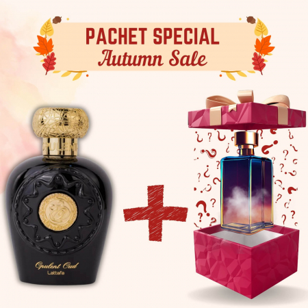 Pachete Speciale - Parfum Surpriză - Opulent Oud de la Lattafa + Parfum Surpriză, 2x100ml – parfumuri arabești lemnos-orientale cu caramel, oud și ambră – rafinate și persistente.
