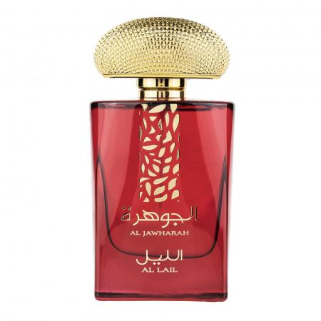 Parfumuri femei - Parfumul Al Jawharah Al Lail de la Suroori este un parfum arabesc pentru femei, 100ml, cu note fructate de guava și piersici, flori de lotus și trandafiri, pe o bază caldă de mosc și mango, creând o senzație proaspătă, feminină și elegantă.