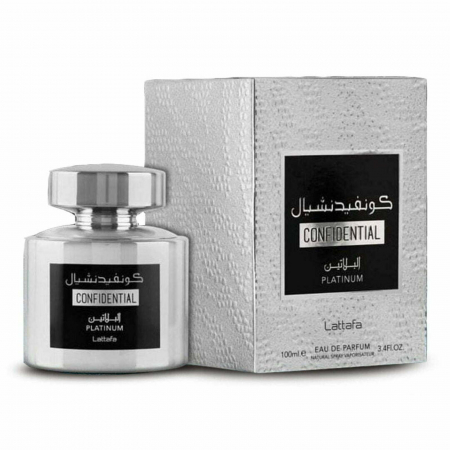 Confidential Platinum de la Lattafa este un parfum arabesc pentru bărbați, 100ml, cu ceai verde, iris și santal – elegant, proaspăt și discret rafinat. [2]
