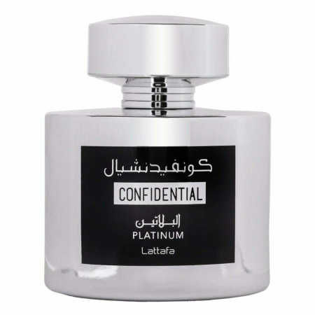 Parfumuri arabesti femei, barbați si unisex - Confidential Platinum de la Lattafa este un parfum arabesc pentru bărbați, 100ml, cu ceai verde, iris și santal – elegant, proaspăt și discret rafinat.
