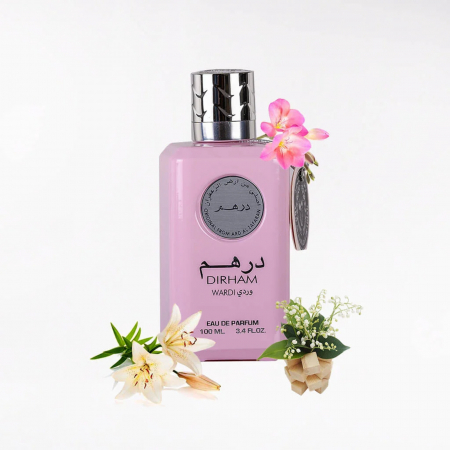 Dirham Wardi de la Ard Al Zaafaran este un parfum arabesc pentru femei, 100ml, cu zambile, trandafir și crini, o compoziție florală proaspătă și elegantă. [3]
