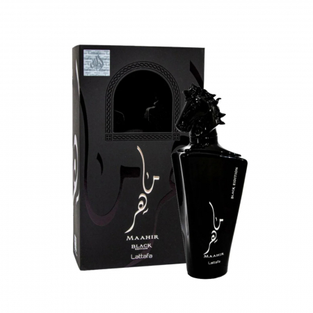 Maahir Black Edition de la Lattafa este un parfum arabesc pentru bărbați, 100ml, cu cuișoare, lavandă și oud, o aromă masculină intensă, fumurie și elegantă. [2]