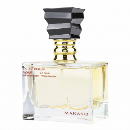 Manasib de la Ard Al Zaafaran este un parfum arabesc pentru femei, 100ml, cu mosc, vanilie și piersici – cald, fructat și intens feminin. [1]