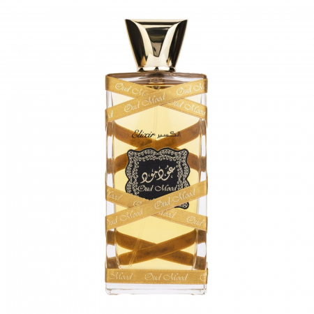 Lattafa - Oud Mood Gold de la Lattafa este un parfum arabesc pentru femei, 100ml, cu caramel, oud și note de piele – intens, gurmand și senzual oriental.