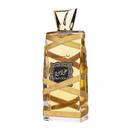 Oud Mood Gold de la Lattafa este un parfum arabesc pentru femei, 100ml, cu caramel, oud și note de piele – intens, gurmand și senzual oriental. [1]
