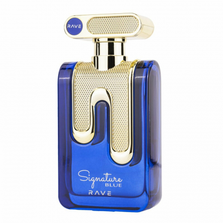 Signature Blue de la Rave este un parfum arabesc pentru bărbați, 100ml, cu măr verde, mosc și lemn – proaspăt, lemnos și discret elegant. [1]
