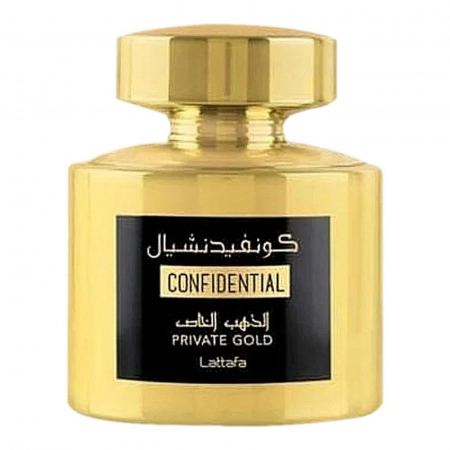 Parfumuri bărbați - Confidential Private Gold de la Lattafa este un parfum arabesc unisex, 100ml, cu note de mandarină, ananas și santal. Are o aromă floral-fructată proaspătă și rafinată.