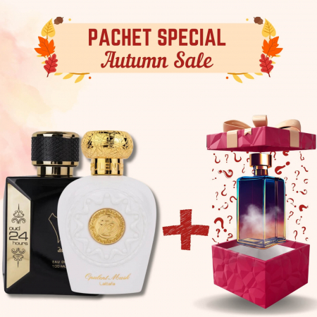 Pachete Speciale - Parfum Surpriză - Set Oud 24 Hours + Opulent Musk + Parfum Surpriză, 3x100ml – parfumuri arabești gurmande și florale, cu ciocolată, vanilie și mosc.