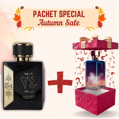 Pachete Speciale - Parfum Surpriză - Set Oud 24 Hours de la Lattafa + Deodorant + Parfum Surpriză, 3x100ml – parfumuri unisex orientale cu ciocolată, flori, vanilie și oud – rafinate și persistente.