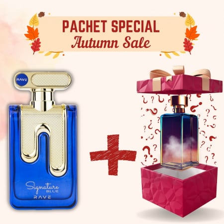 Pachete Speciale - Parfum Surpriză - Pachet Signature Blue de la Rave + Parfum Surpriză, 2x100ml – parfumuri proaspete și lemnoase cu măr, mosc și cedru – masculine, moderne și persistente.