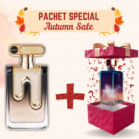 Pachete Speciale - Parfum Surpriză - Pachet Signature Night de la Rave + Parfum Surpriză, 2x100ml – parfumuri arabești florale și calde cu crin, tuberoză, mosc și vanilie – sofisticate și feminine.