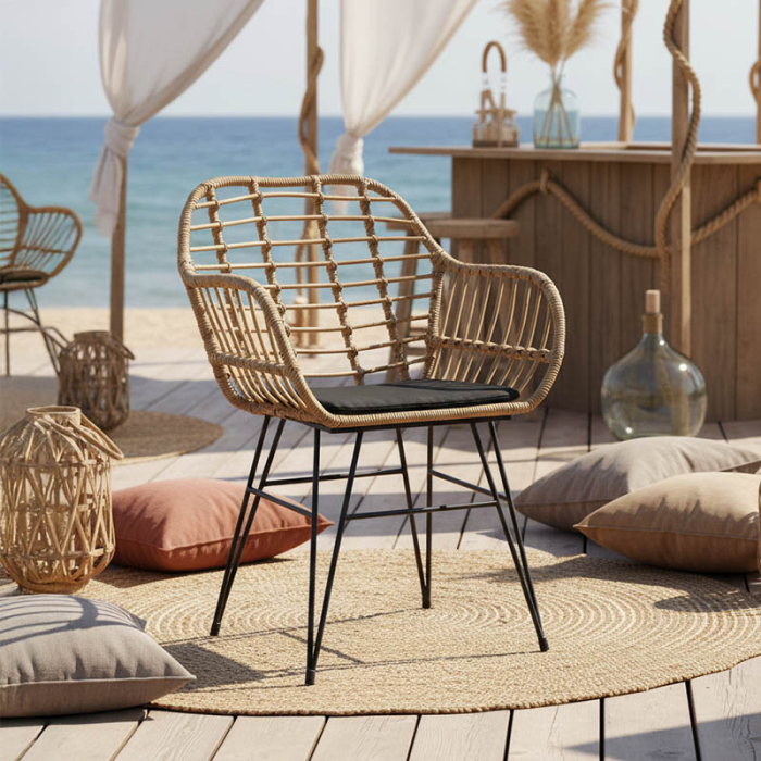 Fotoliu din ratan sintetic NAOKI ,  în nuanță naturală cu pernă neagră și picior metalic negru 58x64x81cm [2]