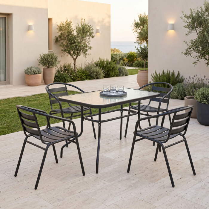 Masă de grădină Valor-Tade set de 5 buc.  metal negru-sticlă 110x60x70cm [5]