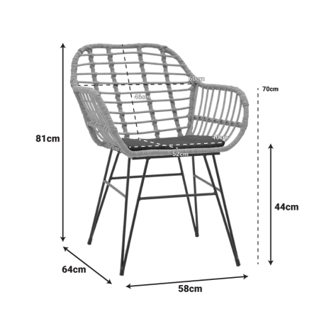 Terasa/Exterior - Fotoliu din ratan sintetic NAOKI ,  în nuanță naturală cu pernă neagră și picior metalic negru 58x64x81cm