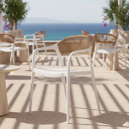 Terasa/Exterior - Scaun  suprapunbil ANKARA  din  PP alb și ratan pp culoare natural 54x55.5x77cm