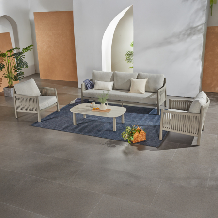 Terasa/Exterior - Set de terasa FERALDA, bej, din frânghie de aluminiu și material textil gri deschis