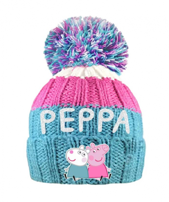 Căciulă tricotată pentru copii "Peppa Pig" cu pompon, roz-albastru,  100% acrylic [1]