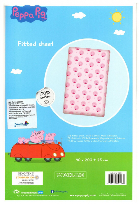 Cearceaf pat pentru copii din bumbac 100%, 90x200cm, tematica Peppa Pig, Roz - Peppa Pig [3]