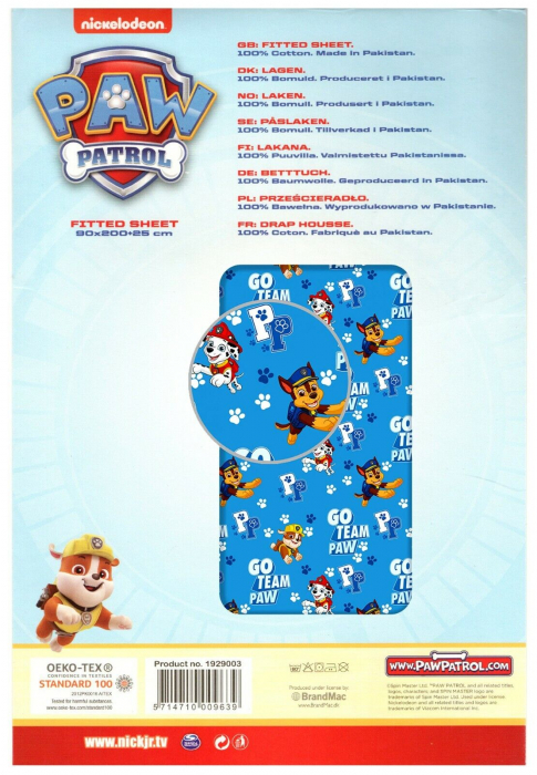 Cearceaf Paw patrol cu margini elastice, multicolor, 100% bumbac, 90x200 cm+25cm [3]