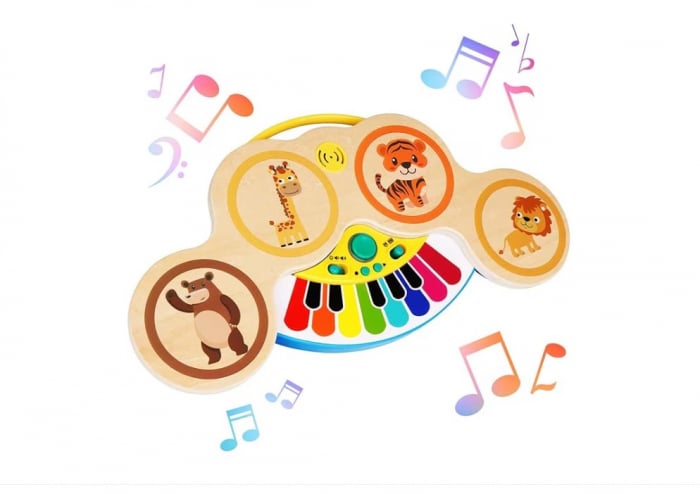 Jucarie interactiva muzicala pentru bebelusi, Magic Touch, pian si set tobe din lemn pentru invatare Montessori timpurie, Albastra [3]
