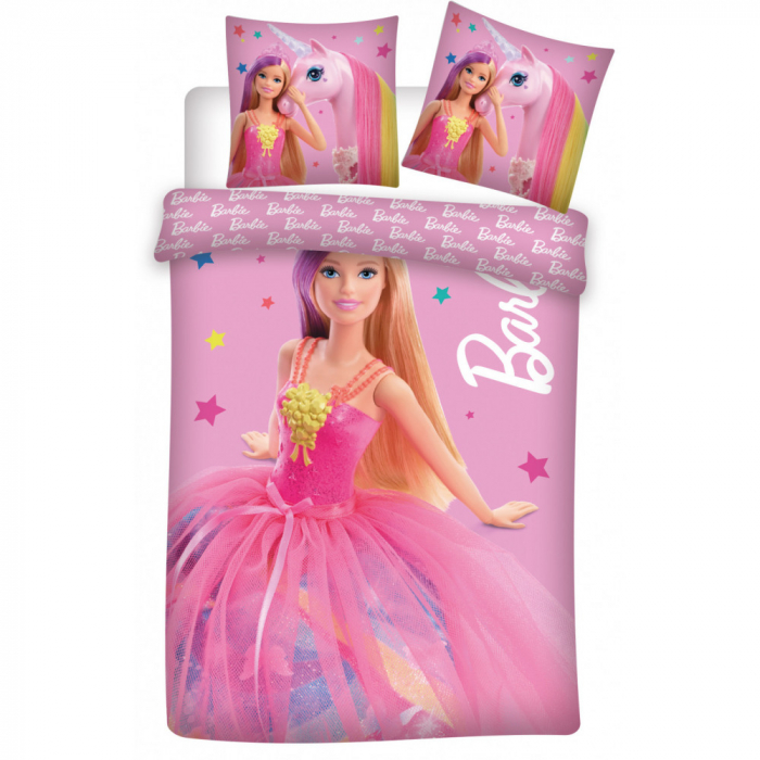 Lenjerie de pat Barbie si Unicorn Kids, 2 Piese, 100×135 cm, 40×60 cm, 100% Bumbac [1]