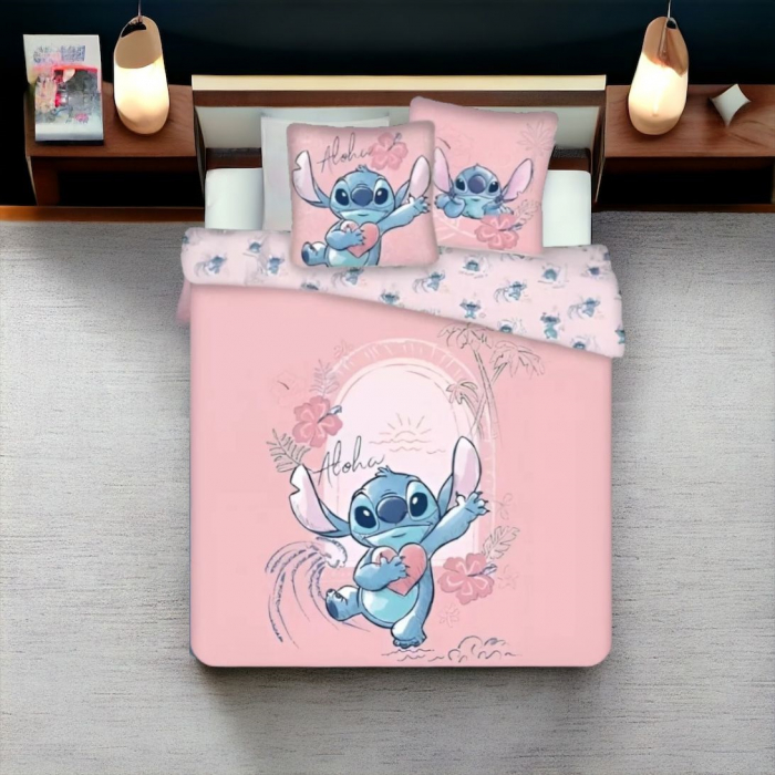 Lenjerie de pat dubla, Disney Lilo and Stitch Aloha, 3 Piese, 2 Fete, 240×220cm, 65x65 cm, 100% Bumbac [3]