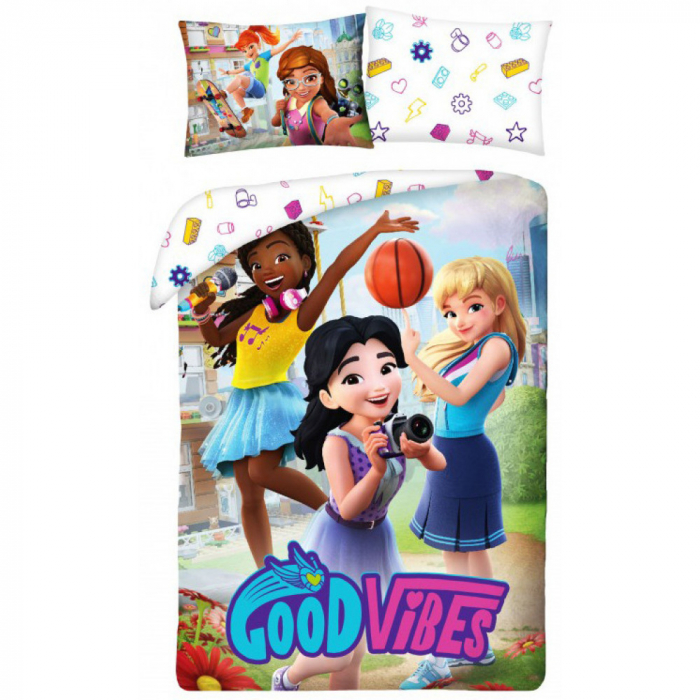 Lenjerie de pat Lego Friends Good Vibes, 2 Piese, 2 Fete, 140×200 cm, 70×90 cm, 100% Bumbac, Multicolor [1]