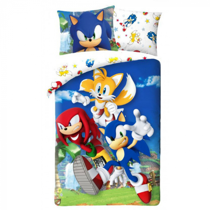 Lenjerie de pat Sonic the Hedgehog, 2 Piese, 2 Fete, 140×200cm, 70×90cm, 100% Bumbac, Calitate Superioara [1]