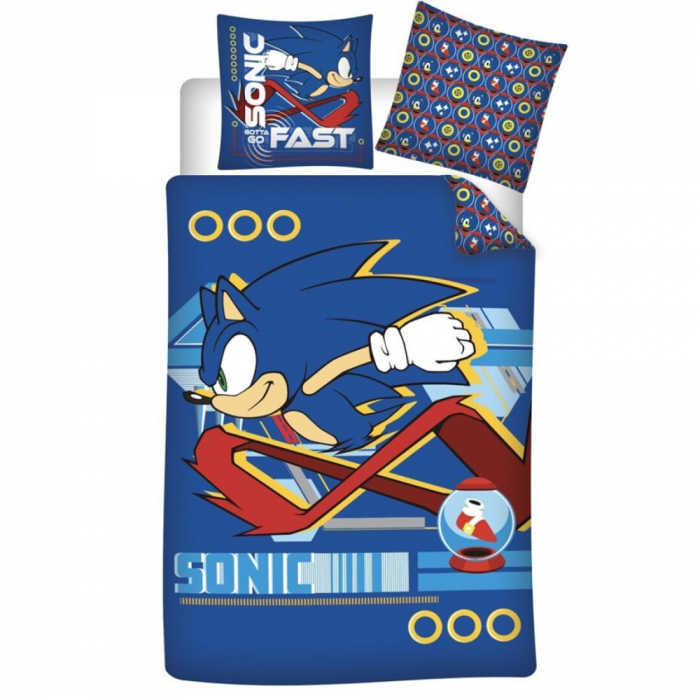 Lenjerie de pat Sonic the Hedgehog Fast,2 Fete, 2 Piese, 140×200cm, 65x65cm, 100% Bumbac, Calitate Superioara [1]