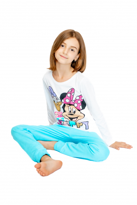 Pijama copii, cu maneca si pantalon lung, Disney Minnie, 100% Bumbac, Albastra [3]