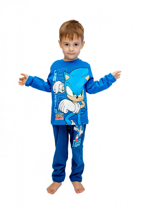 Pijama copii, cu maneca si pantalon lung, Sonic, 100% Bumbac, Albastru [2]
