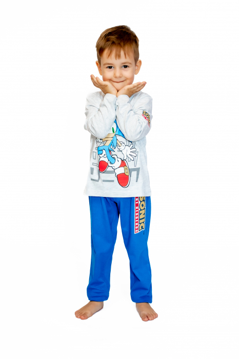 Pijama copii, cu maneca si pantalon lung, Sonic, 100% Bumbac, Gri/Albastru [3]