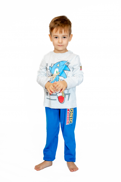 Pijama copii, cu maneca si pantalon lung, Sonic, 100% Bumbac, Gri/Albastru [4]