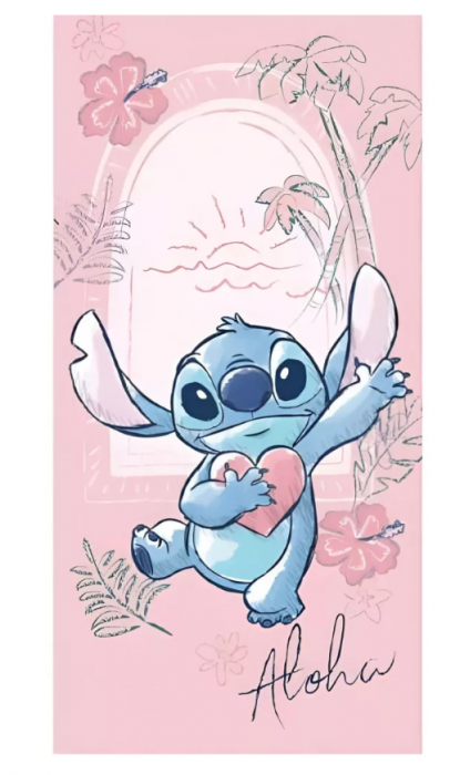 Prosop de baie Lilo & Stitch "Aloha Flowers", 70x140cm, Roz, 100% Poliester (Uscare rapida) [1]